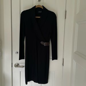 Peter Elliot black dress with leather buckle detail; in excellent condition